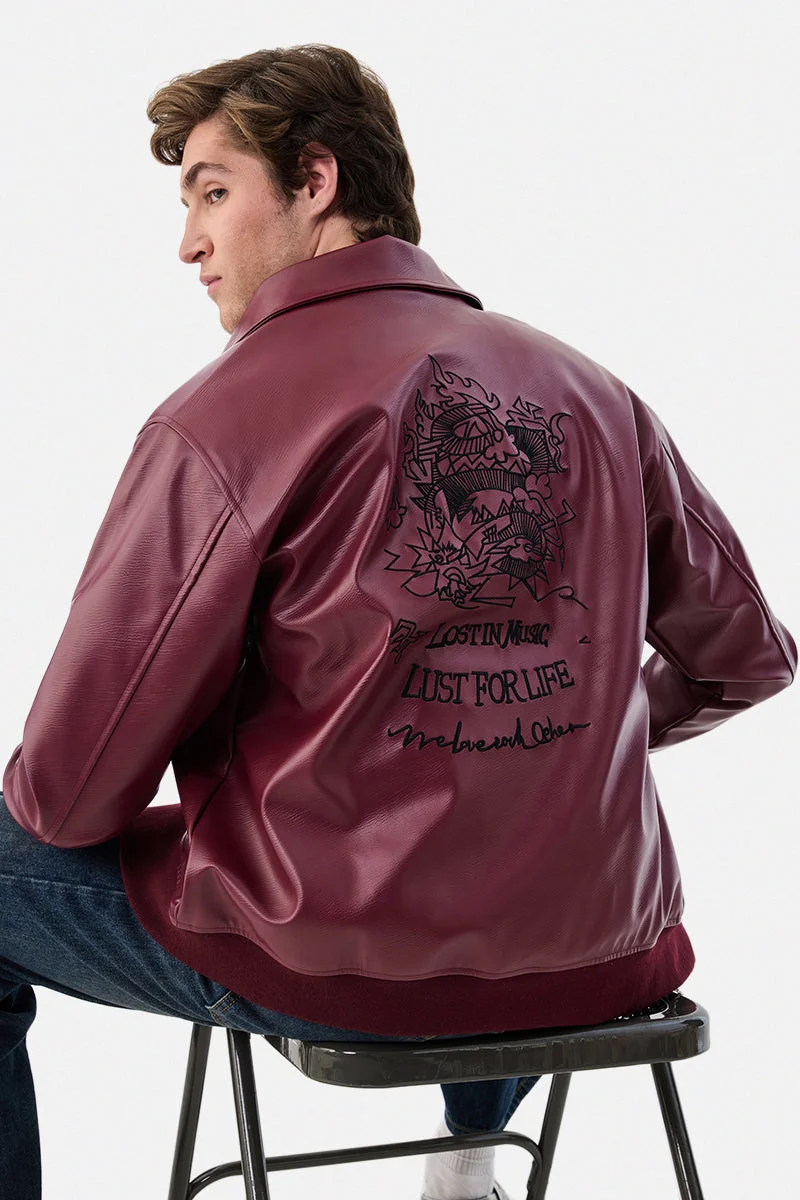 سنيتش Embroidered PU Leather Zipper Jacket